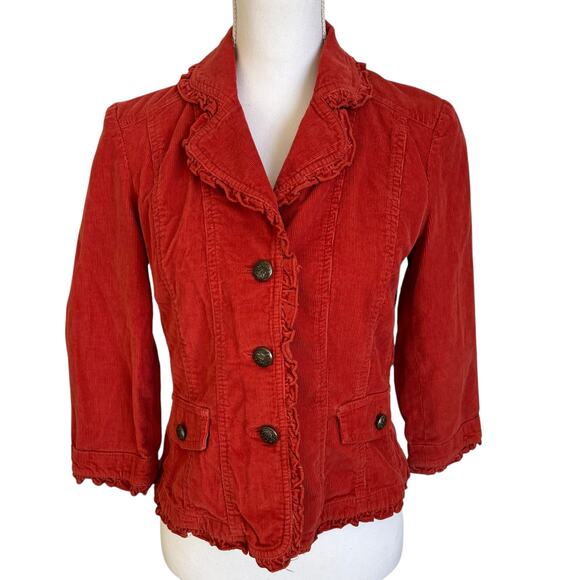 Sandro Corduroy Jacket Women's Size Small Orange Rust Cropped Ruffle Trim Button - Picture 1 of 6